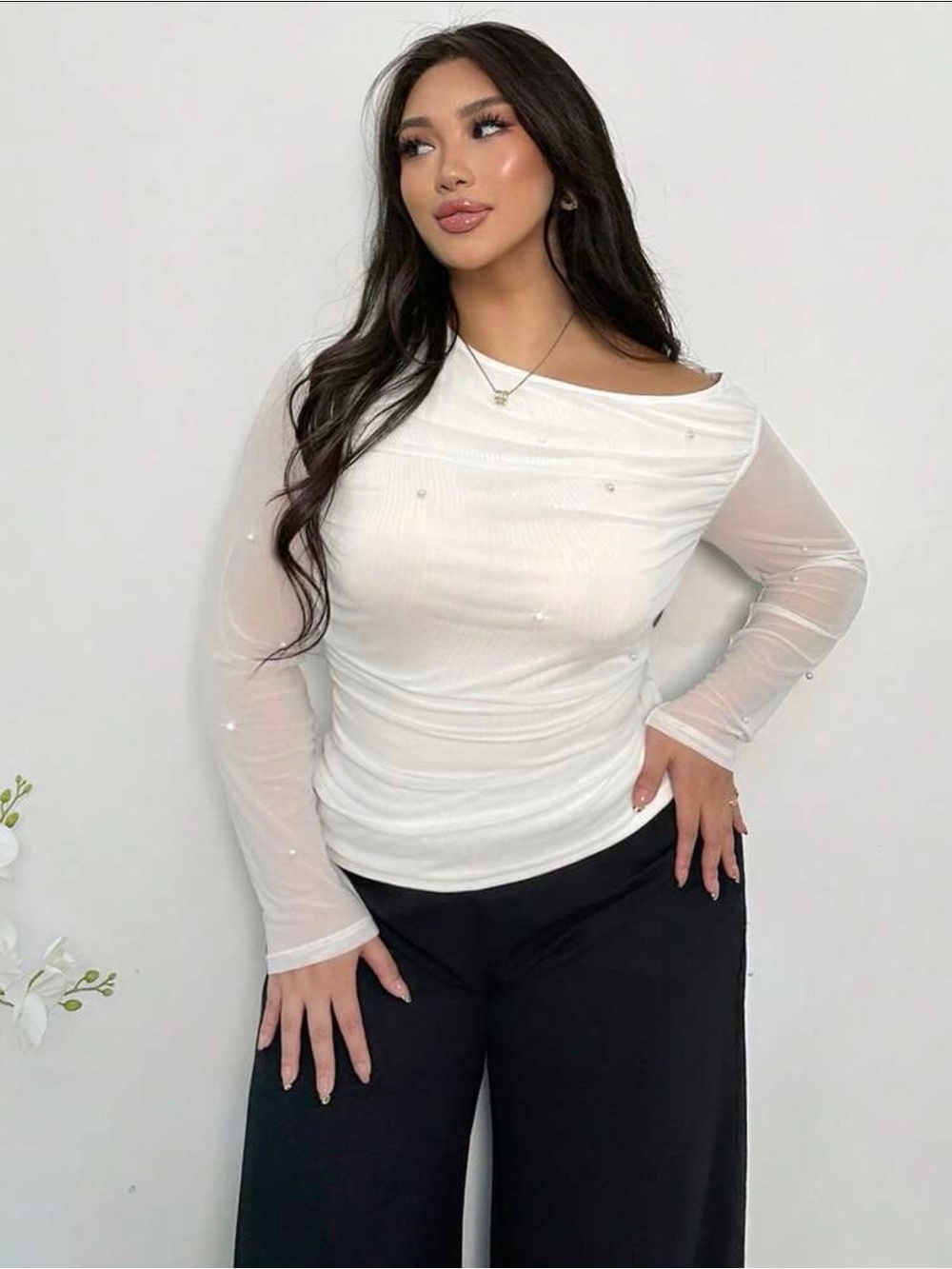 White Pearl-Embellished Mesh Sleeve Top